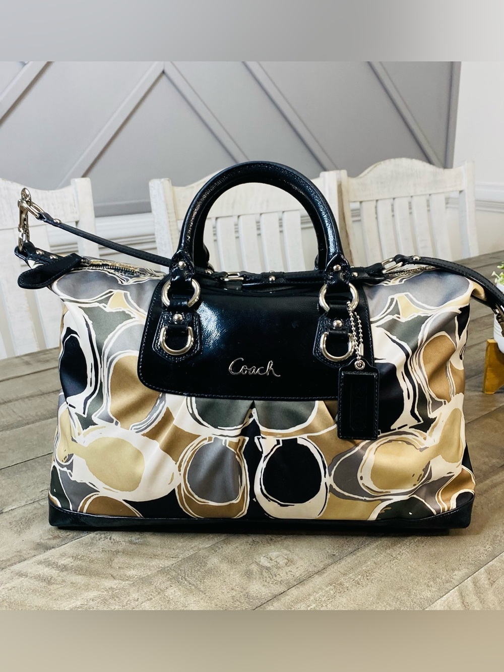 COACH Ashley Scarf Print Satin Satchel Bag Black Patent Trim F17656 Multicolor